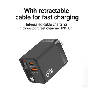 Cargador PD 3.0 de 65W con Cable USB-C Retráctil, Adaptador de Pared Dual USB C/A con Carga Rápida 3.0 para Teléfono y Portátil - Product Image 2
