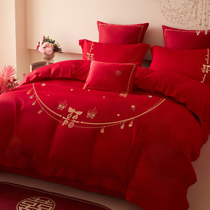 Ensemble de literie de mariage brodé de luxe Miminkang, coton 40s, style chinois, housse de couette et draps pour la mariée - Product Image 1