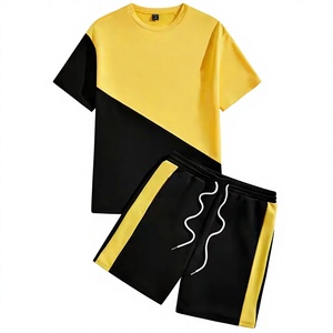 Ensemble T-shirt et short sportif à séchage rapide pour homme, tenue décontractée d'été, noir et jaune, tricoté 100% coton, sérigraphie sans couture - Product Image 1
