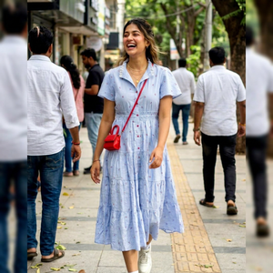 Light Blue Cotton Midi <b>Dress</b> Short Sleeve Polo Neck Layered Hem Breathable Woven Fabric Floral Print Casual Summer Wear - Product Image 1