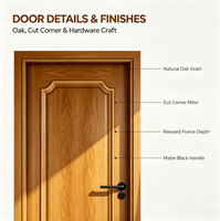 Portes intérieures en bois massif chêne chaud avec cadre encastré à coins coupés et poignée noire mate pour projets de rénovation résidentielle de villas