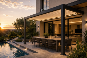 Pergola moderne en aluminium, toit à lames rectangulaires, auvent d'extérieur pour patio, revêtement poudré noir, résistant aux intempéries - Product Image 3