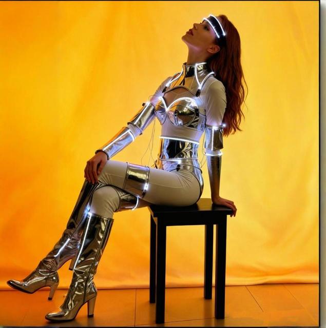 Cyberpunk Rave Wear Metallic Silver Futuristic Costume LED Light Clubwear Dancing Dress Party Performance Halloween Cosplay