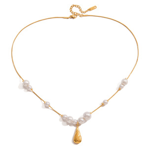 Collier pendentif goutte d'eau en acier inoxydable avec perle, bijoux de mariage, design en U, couleur or, collier tendance - Product Image 5