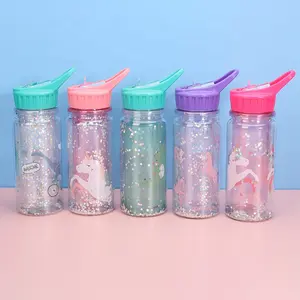 550ml Rainbow Plastic Water Bottle Double Layer Sequins Drinking Cu