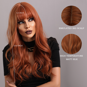 Perruque de <span class=keywords><strong>cheveux</strong></span> de gingembre longue perruque ondulée <span class=keywords><strong>frange</strong></span> pour femmes <span class=keywords><strong>cheveux</strong></span> naturels bouclés perruques synthétiques en cuivre pour femmes Cosplay quotidien résistant à la chaleur - Product Image 3