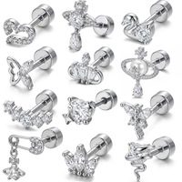 Vente en gros de clous d'oreilles labret en acier inoxydable ASTM F136 à dos plat, motif animal, pour cartilage, avec zircone cubique argentée, motif cygne, hypoallergéniques