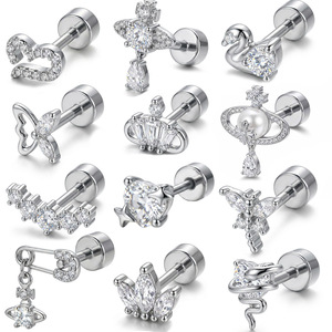 Vente en gros de clous de labret à dos plat en Titane G23 ASTM F136, pour cartilage, avec Zircone cubique argentée motif Cygne, Hypoallergéniques et Sans nickel - Product Image 2