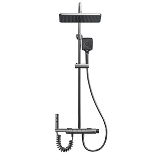 Ensemble de douche mural thermostatique gris anthracite en laiton chromé avec pommeau de douche carré à jet pluie et finition chromée intégrale - Product Image 5