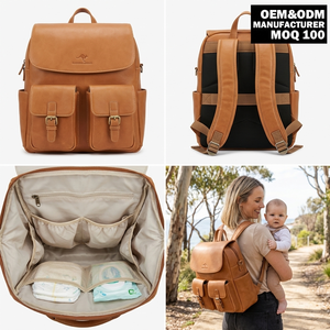 <span class=keywords><strong>Mochila</strong></span> Pañalera de Piel Vegana PU Marrón para Bebés Recién Nacidos, Personalizada de Fábrica, con Múltiples Bolsillos - Product Image 1