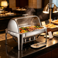 Recipiente para Calentar Comida con Tapa Enrollable de 9L, Doble Recipiente de Acero Inoxidable, Calentador de Comida Tipo Buffet, Calentado con Alcohol, Temperatura de 85-100°C, Ideal para Catering