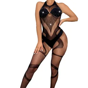 Exotic Sex Corset Diamond Hanging Neck One Piece transparent fishnet Shiny Net mesh Clothes See Through Sheer Lingerie For Wom