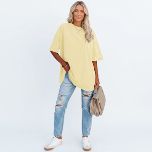 T-shirt décontracté d'été pour femme 100 % coton tricoté avec logo personnalisé, coupe ample, manches courtes, col rond, longueur longue, respirant - Product Image 1