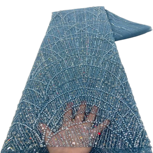 ลูกไม้ตาข่ายประดับลูกปัดหรูหรา ni.ai ผ้าลูกไม้สีฟ้าปักเลื่อมด้วยไข่มุกสำหรับชุดแต่งงาน - Product Image 1