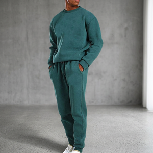 Ensemble de survêtement en coton vert uni pour homme, col rond, manches longues, sweat-shirt décontracté et pantalon avec poches latérales élastiques, automne - Product Image 3
