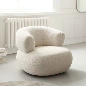 Fauteuil pouf en peau d'agneau blanc, rembourrage extra doux, siège unique, design nordique moderne, pour adultes, salon, chambre à coucher - Product Image 4