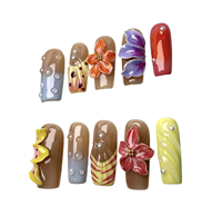 Ongles Press-on Faits Main 10 Pièces Personnalisables Carrés Moyens Motifs Tropicaux Fleurs 3D Fruits d'Été Goutte de Rosée Ongles de Luxe à Presser