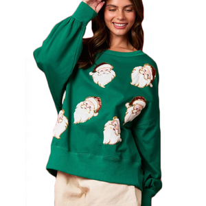 Sweat-shirt en coton French Terry vert à col rond 360 g/m² pour femme, broderie de paillettes de Noël, vente chaude - Product Image 1