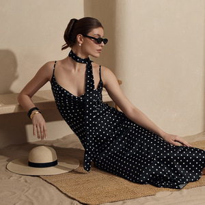 Bdbh Nuevo Vestido Largo con Tirantes Cruzados Estilo Europeo y Americano, Novedad de Verano 2026, Vestido Elegante con Tirantes en el Cuello y Cola de Pez con Estampado de Puntos Ondulados - Product Image 2