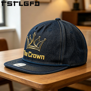 Casquette Dad Hat en jean à visière plate avec logo personnalisé, structurée, avec corde et broderie sur la couronne, vente en gros et fabrication - Product Image 3