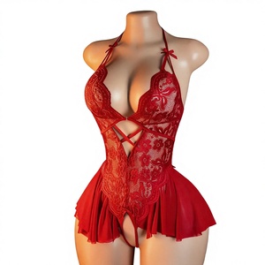 Body de una pieza de encaje con entrepierna abierta, sin necesidad de quitar, sexy, para mujer, con cuello en V profundo, falda corta, lencería íntima de nailon transparente - Product Image 1