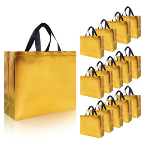 Bolsas de Regalo Doradas de Tela No Tejida con Asas Negras, Paquete de 12, para Ropa, Uso Promocional Ecológico - Product Image 1