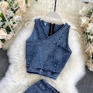 Niche Denim Conjunto de <span class=keywords><strong>2</strong></span> piezas <span class=keywords><strong>2020</strong></span> Nueva llegada Chaleco de mujer <span class=keywords><strong>Top</strong></span> corto Cintura alta Adelgazante Inteligente Split Midi Falda - Product Image 2