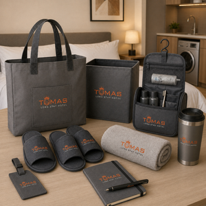Travel Comfort Kit With Duffel Bag Slippers Water Bottle Notebook Sleep Mask Towel Pen for Business Guests And Corporate Events - Product Image 5