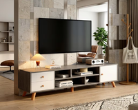 Meuble TV scandinave bicolore avec porte coulissante, rangement ouvert, pieds en bois robustes, console multimédia minimaliste pour salon