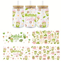 Autocollant de transfert UV DTF en poudre de thé vert Matcha pour tasse en verre Libbey, mug de voyage, artisanat DIY, film plastique prédécoupé pour décoration