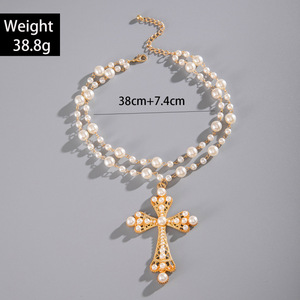 Collar largo Vintage para mujer al por mayor, colgante de Cruz Punk exagerado, Perla de imitación geométrica, dulce aspecto vanguardista, aleación de Zinc - Product Image 2
