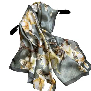 OEM Wholesale High Quality 100 Women Fashion Designer Pure Silk Scarf Flower Digital Printed Light Mulberry Silk Long Shawl