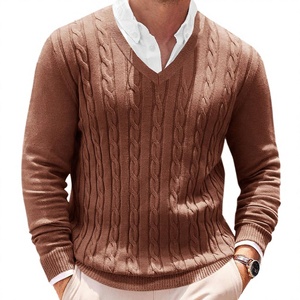 Pull-over col V en coton tricoté respirant et anti-rétrécissement pour homme, couleur unie, coupe ample – Meilleure vente mode automne - Product Image 2