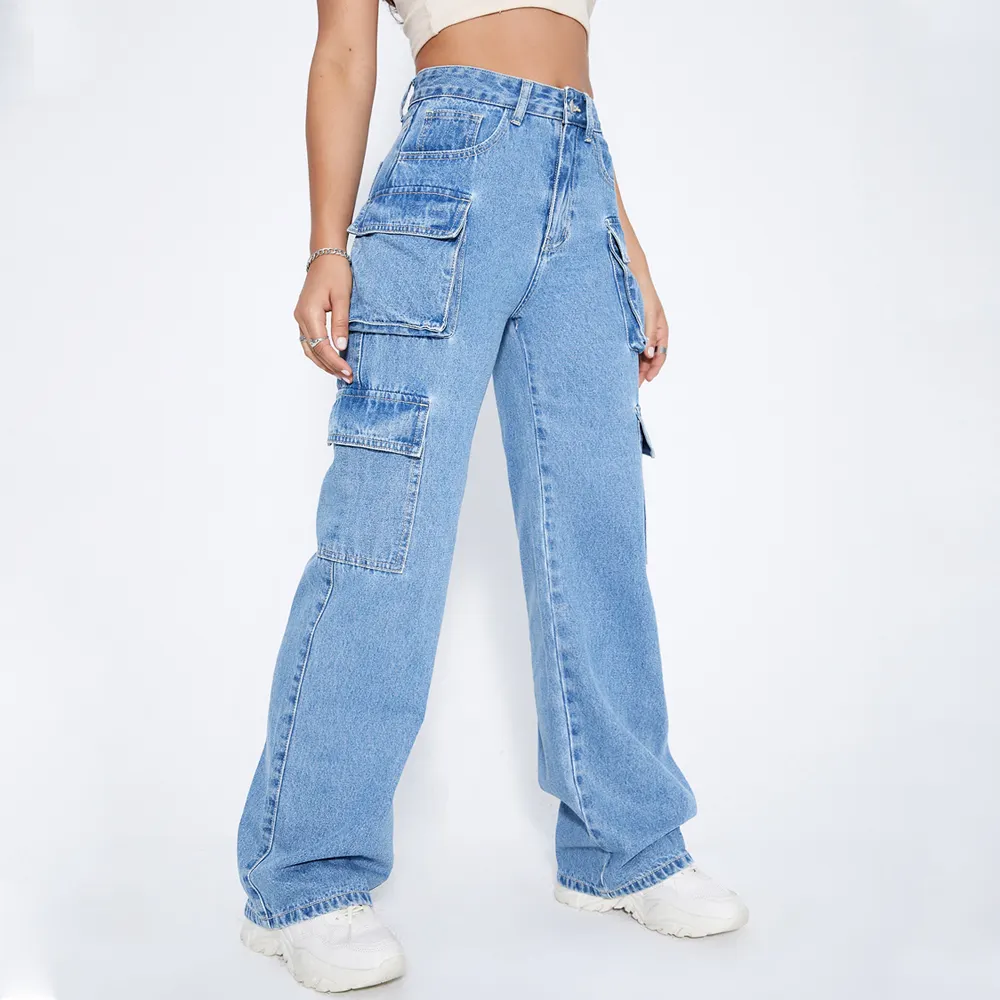 Wholesale High Waist big Pocket denim Cargo Pants jeans women Pocket Boyfriend Jeans