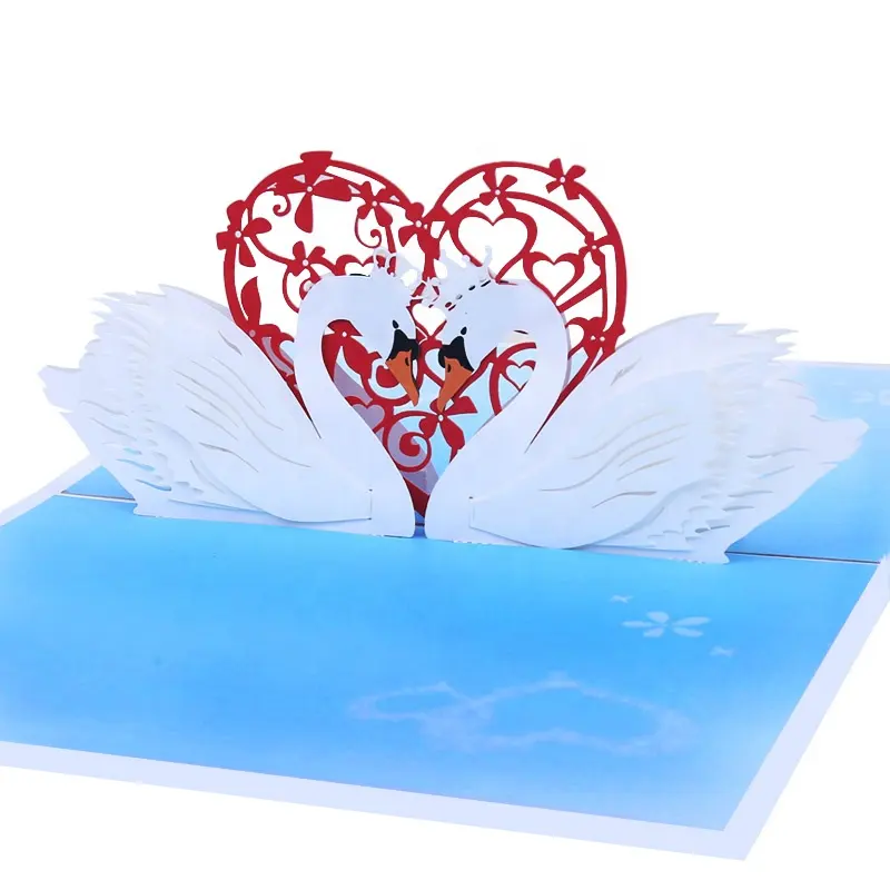 Hoge Kwaliteit Witte Zwaan Liefde Hart Laser Gesneden Valentijnsdag Huwelijksuitnodiging 3d Pop-Up Papier Wenskaart Met Envelop