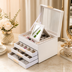Luxury PU Leather Jewelry Organizer Box with Mirror Multi Layer Storage Case for Necklace Ring Earring Collection <b>and</b> Home Use - Product Image 1