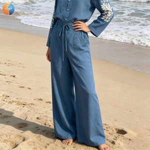 Completo da <span class=keywords><strong>donna</strong></span> vintage 2026 con ricamo Paisley, due pezzi, ampio e traspirante, in misto <span class=keywords><strong>lino</strong></span> e lyocell: camicia e <span class=keywords><strong>pantaloni</strong></span> a gamba larga casual - Product Image 4