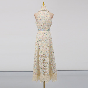 Monet Nénuphar Peinture à l'huile Couleur Ceinture sans manches Robes longues 2025 Nouvelle robe d'été creuse en dentelle Femme - Product Image 4