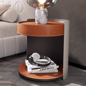 Luxury Leather Nightstand Modern Italian High-end Bedroom Movable <strong>Circular</strong> Storage Nightstand <strong>Bedside</strong> <strong>Table</strong> - Product Image 1