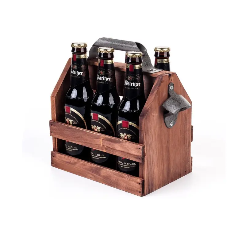 Wooden Bottle Caddy 6-Pack Beer Carrier with Built-In Metal Bottle Opener Beer Buckets for 6 Beers