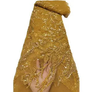 African Gold Yellow Fabric Sequins Glitter Tulle Fabric Beaded Lace Fabric Beads Embroidered Lace for Evening Dress