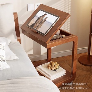 Bona Gold Square Solid Wood Movable Bedside Table With Wheels Multifunction Flip Top For Bedroom Living Room Sofa Side Use - Product Image 4