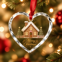 Ornement en verre cristal transparent personnalisé avec motif saisonnier en forme de cœur, style biscuit de Noël, cadeau souvenir