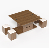 Table Basse Moderne en Bois Relevable et Pliable avec 4 Tabourets et Rangement pour Salon, Meuble Personnalisable