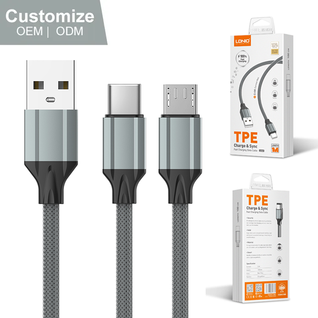 LDNIO in Stock LS441 2.4A Micro USB Type C Data Cable Wire TPE 1M 2M V8 USB Type-C Cable for Phone Fast Charging Date Cable