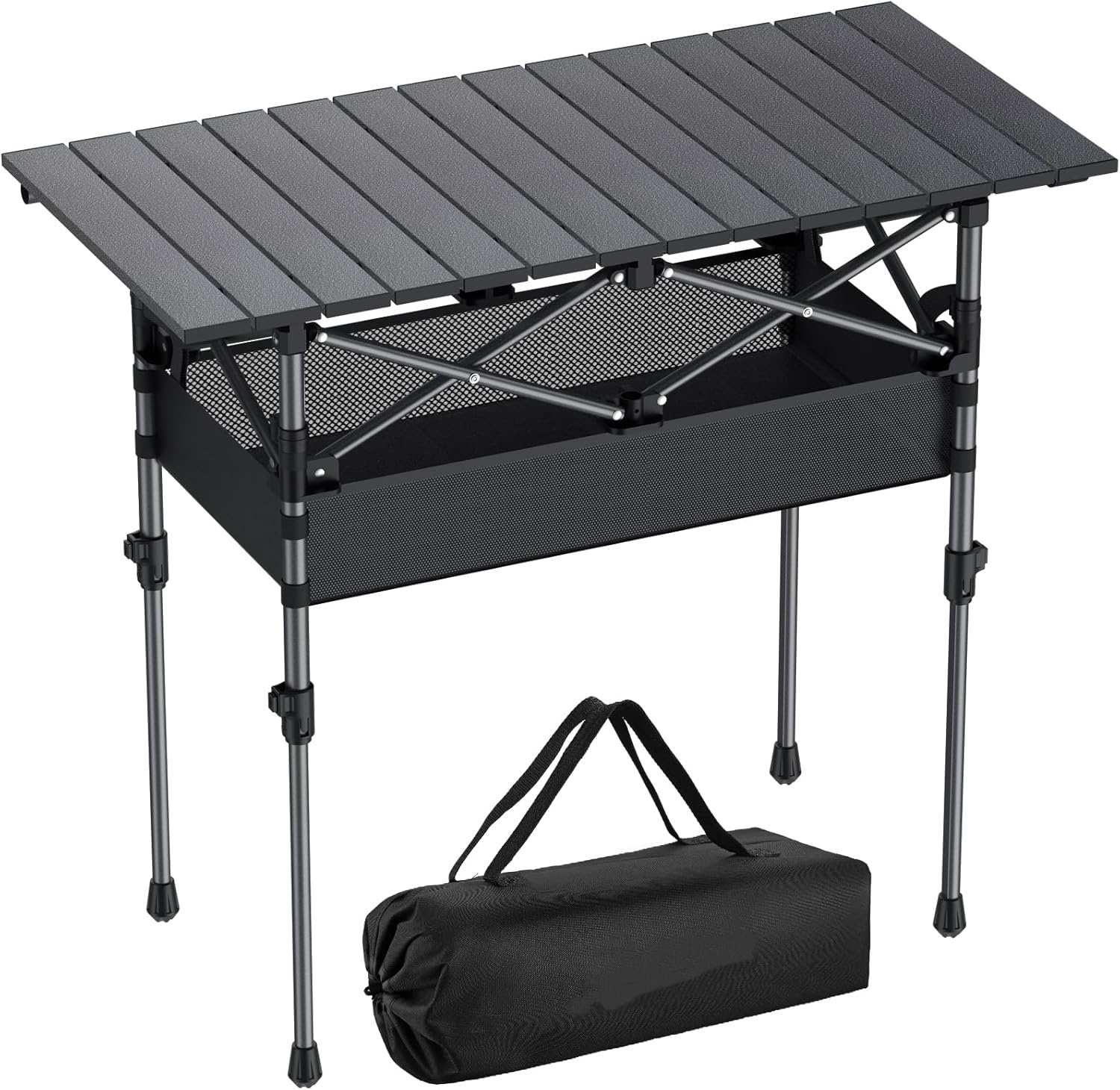 Folding Camping Table, Aluminum Roll up Camping Table Adjustable Height with Storage Net and Bag, Lightweight Outdoor Table