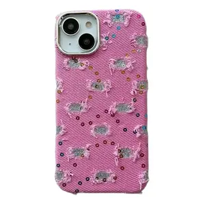 Japan Korea Meisje Schelp Glitter Schattige Gescheurde Denim Canvas Roze Telefoon Hoesje Voor Iphone 15 14 13 12 Pro Max 11