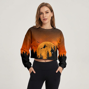 Customize <b>Women</b> Halloween Print <b>Crop</b> Sweatshirt Long Sleeve Crew Neck Casual <b>Top</b> Orange <b>Black</b> Knitted 100% Cotton Autumn Style - Product Image 3