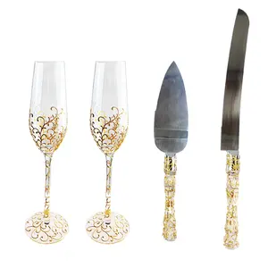 Fatto a mano 200ml quadri in oro modello Champagne flauti occhiali da sposa calice Set con coltello da torta pala