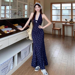 Blue Halter Neck Floral Print Fitted Waist Dress Women 2025 Summer Lace French Style Beach Vacation Vibe - Product Image 2